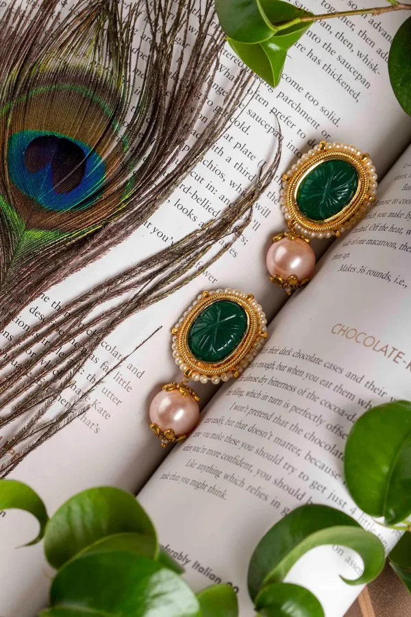 Carved Green Jade with Pink Pearl Earrings
