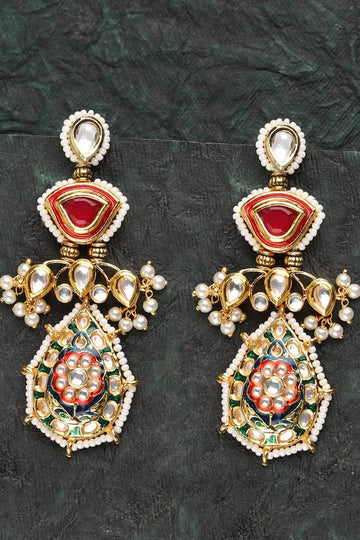 Red Meenakari with Pearls Gold Finish Kundan Earrings