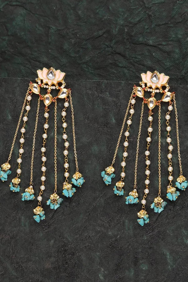 Pink Lotus Turquoise Beads Dangler Earrings