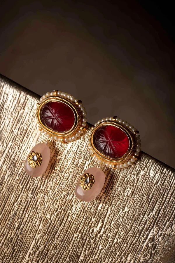 Carved Ruby & Rose Quartz Drop Earrings