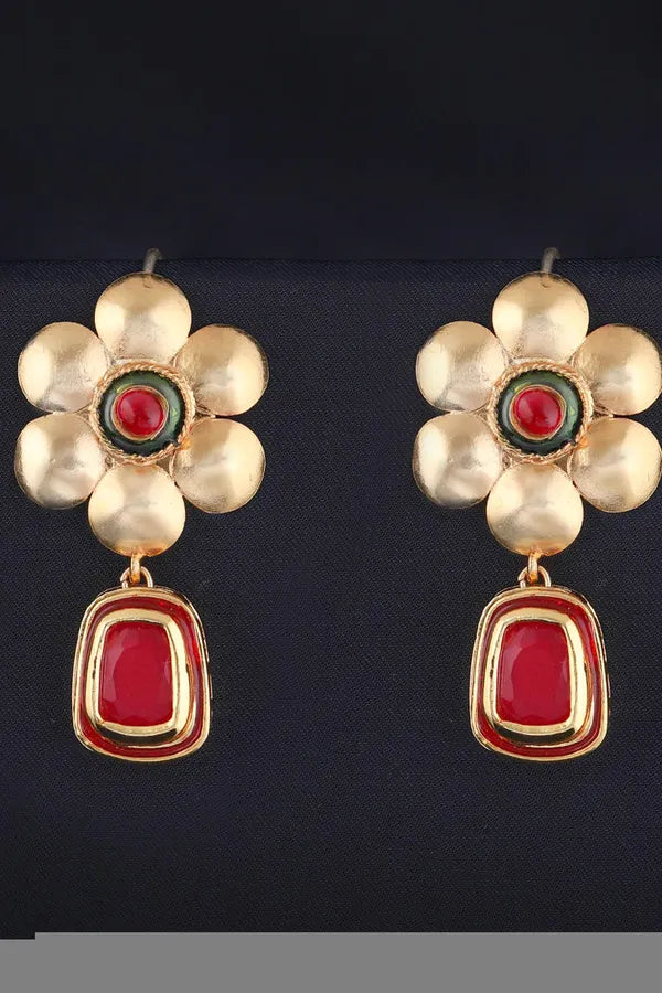 Red Kundan Gold Finish Floral Motif Earrings