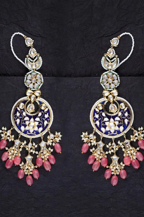Shades Of Blue Chandbalis With Pink Drops Earrings