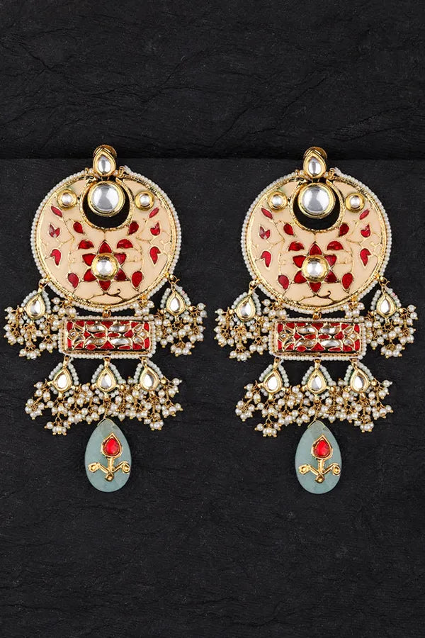 White & Red Meenakari with Pearl Guchhas Kundan Chandbali Earrings