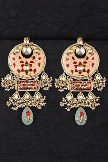 White & Red Meenakari with Pearl Guchhas Kundan Chandbali Earrings