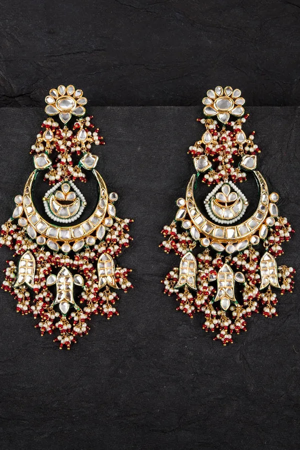 Gold Finish Ethnic Red Kundan Chandbali Earrings