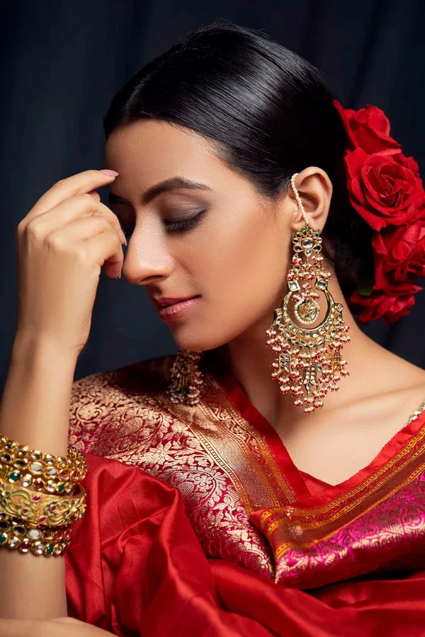 Gold Finish Ethnic Red Kundan Chandbali Earrings