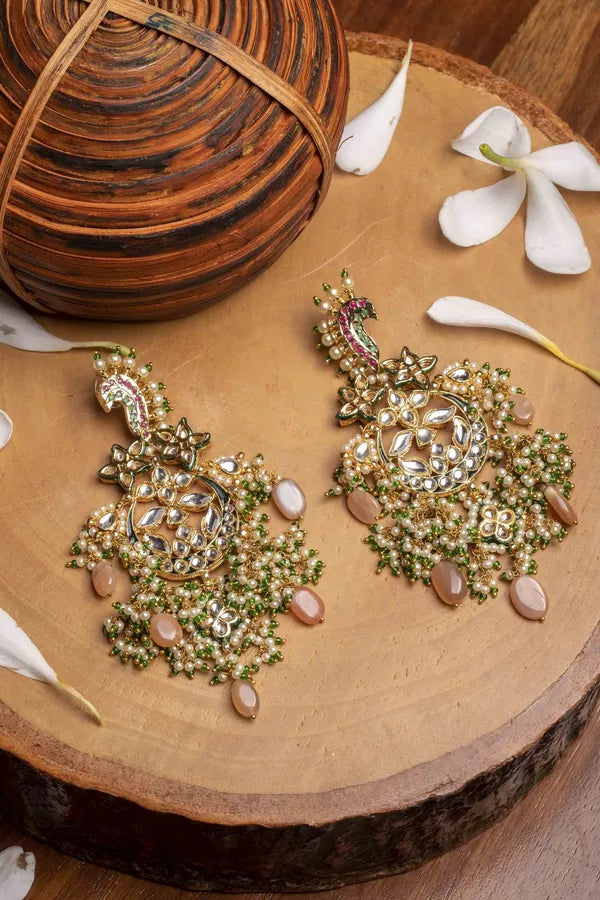 Green & Red Sea Horse Pink Moonstone Kundan Earrings