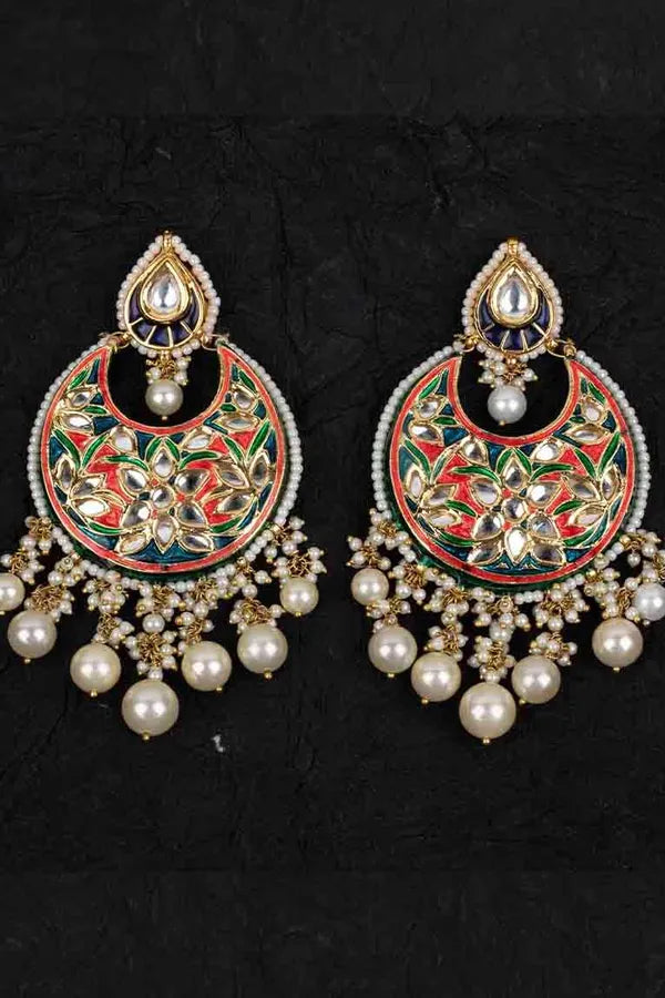 Multi Coloured Meenakari with Pearl Dangler Earrings