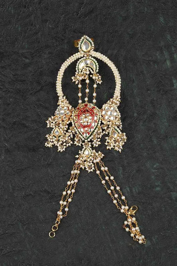 Gold Finish Guldasta Red Kundan Meenakari Haathphool