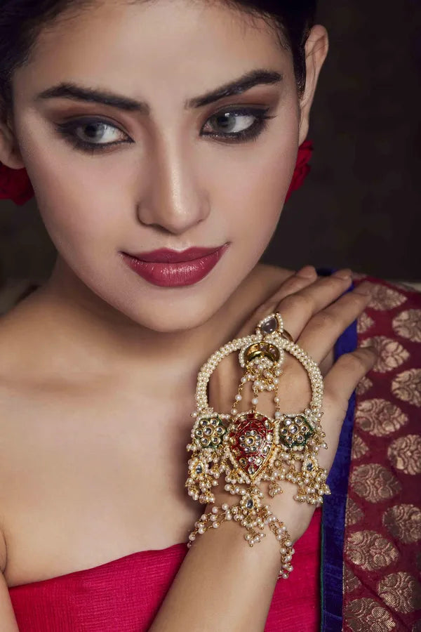 Gold Finish Guldasta Red Kundan Meenakari Haathphool