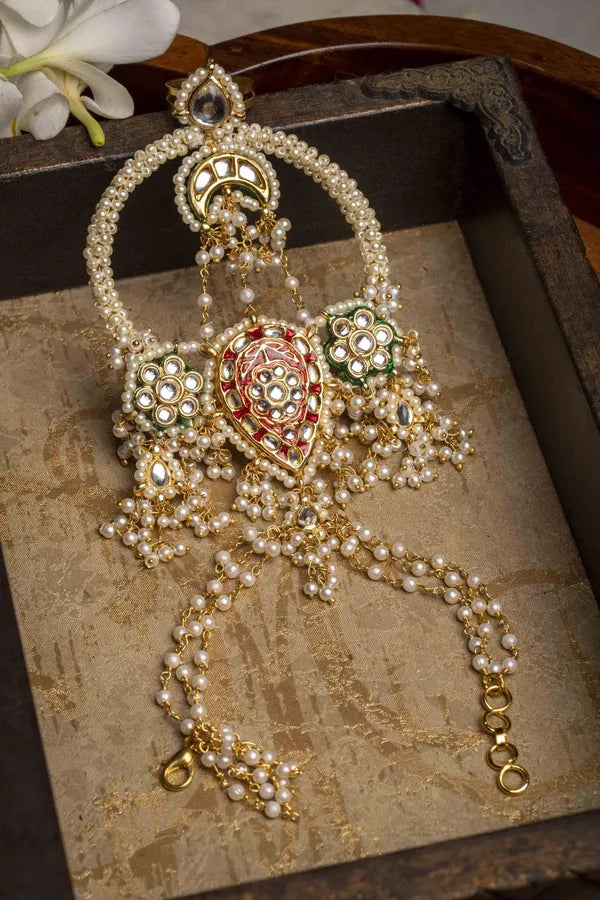 Gold Finish Guldasta Red Kundan Meenakari Haathphool