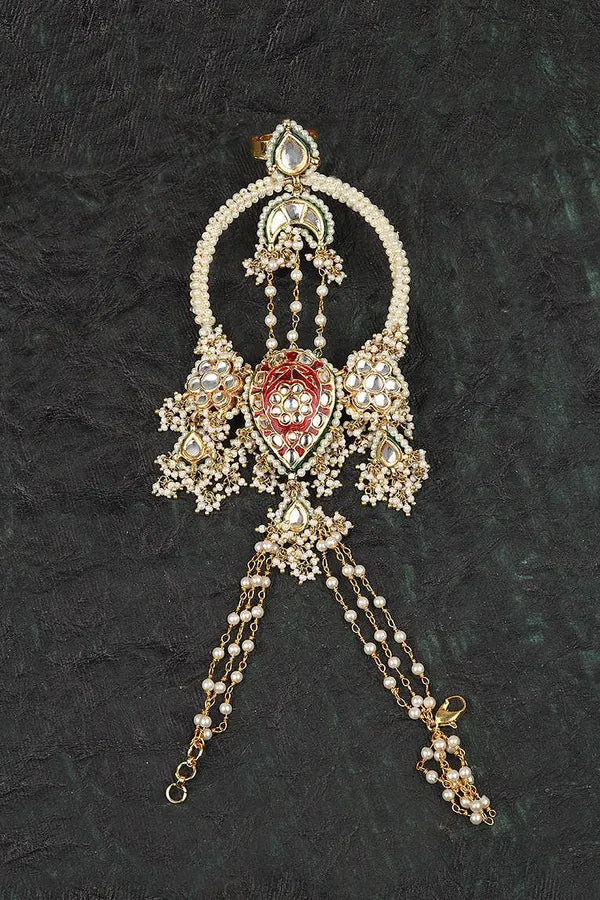 Gold Finish Guldasta Red Kundan Meenakari Haathphool