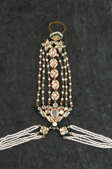 White Pearl & Kundan Multi Pearl String Haathphool