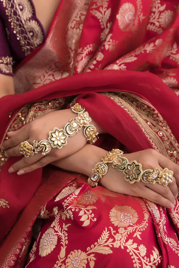 White Florafied Kundan Pearls Haathphool