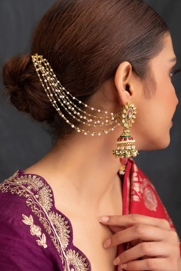 Gold Finish Chained Kundan Pearl Kaan Saharas