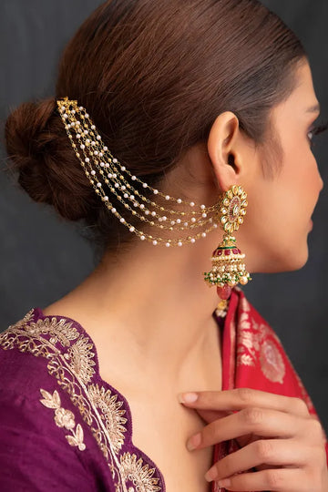 Gold Finish Chained Kundan Pearl Kaan Saharas