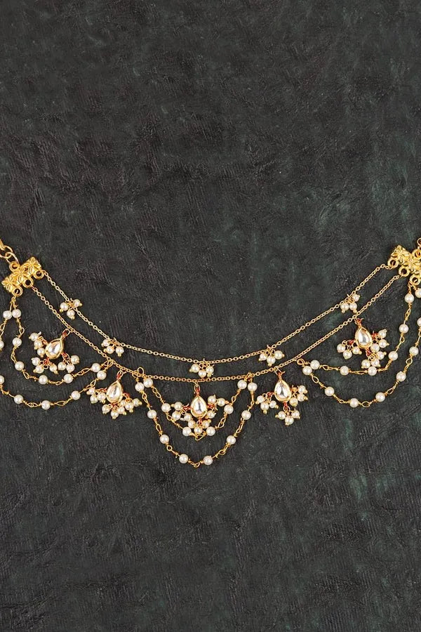 All White Kundan & Pearls Gold Chain Ear Saharas