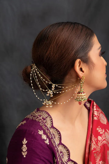 Gold Finish White Kundan Pearl Gold Chain Kaan Saharas