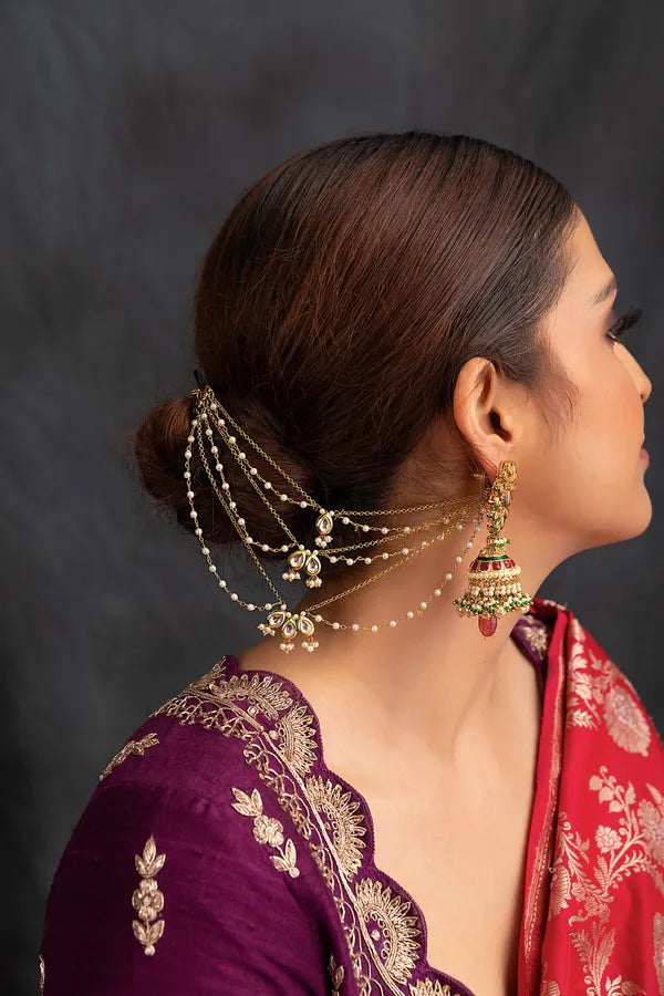 Gold Finish White Kundan Pearl Gold Chain Kaan Saharas
