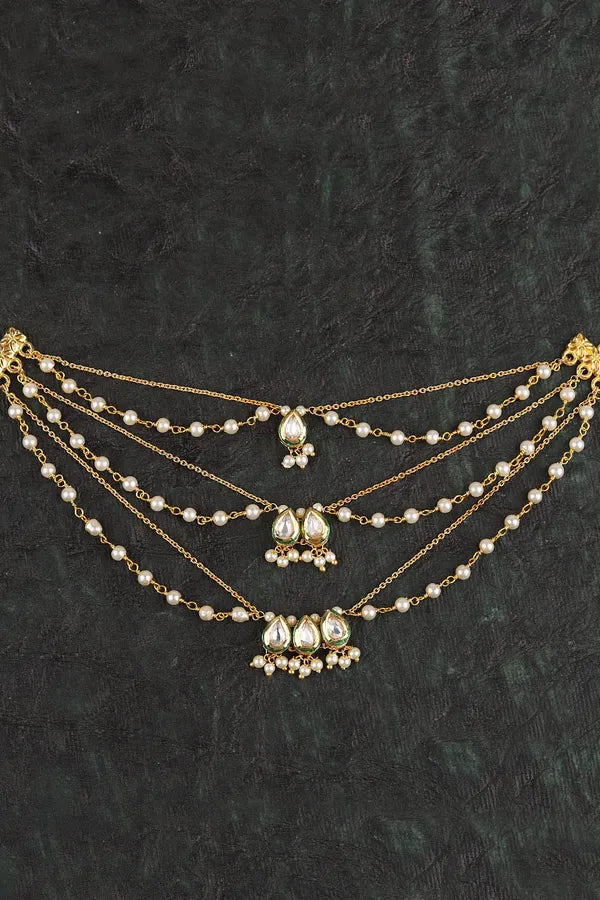 Gold Finish White Kundan Pearl Gold Chain Kaan Saharas