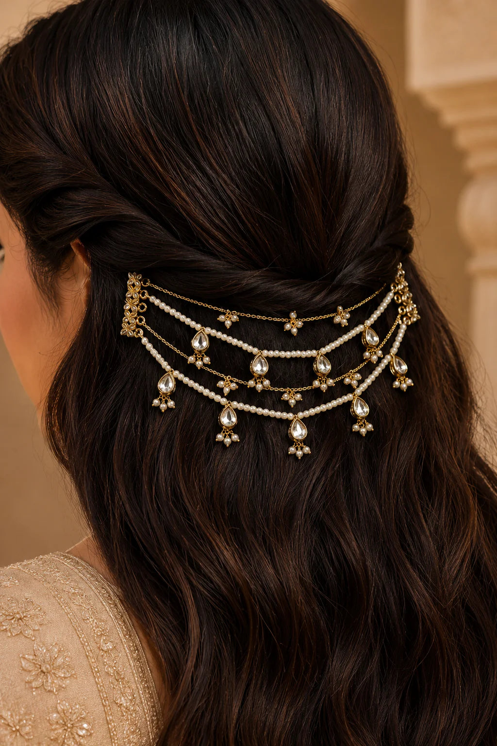 Gold Finish Stoned Pearl Kundan Kaan Saharas