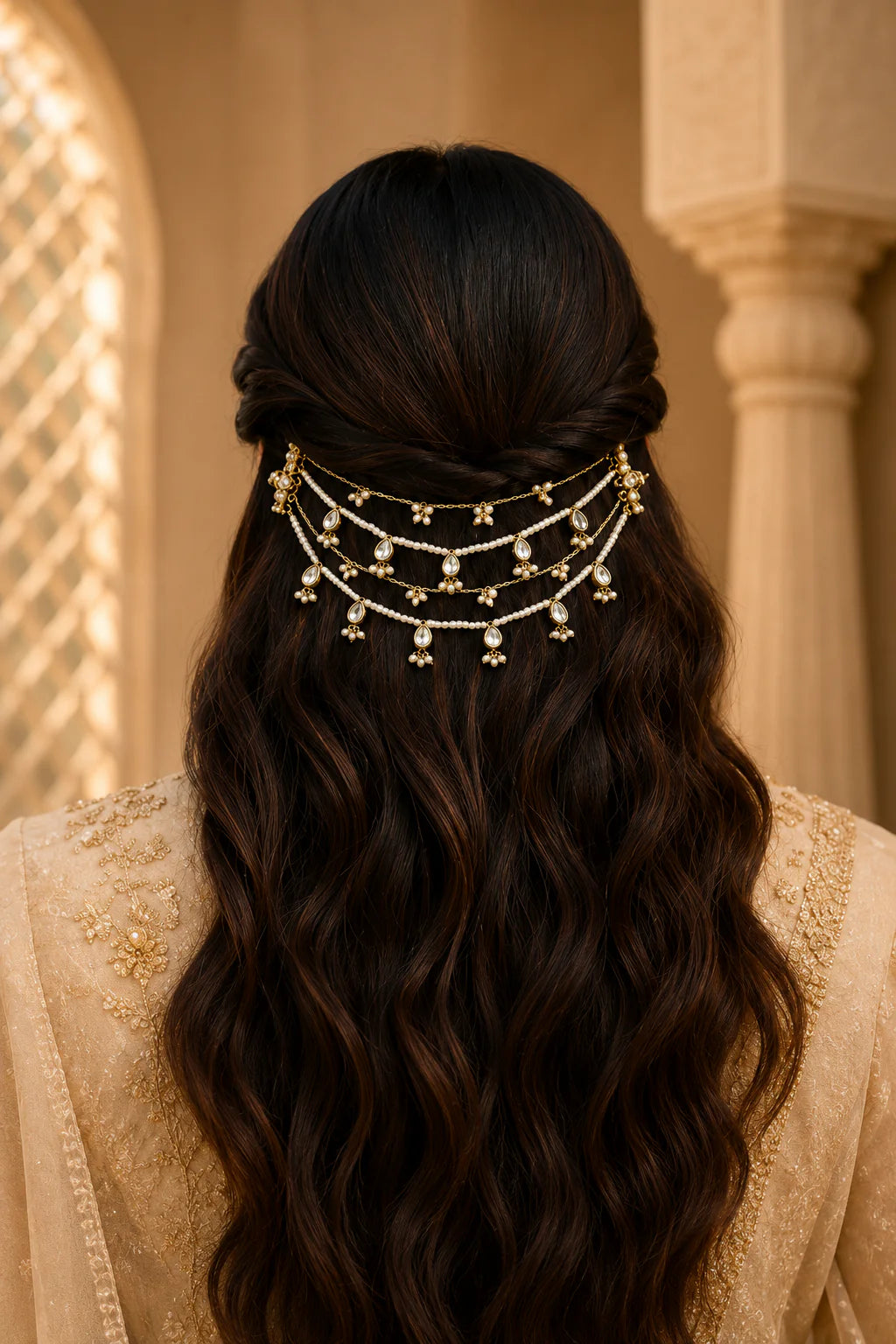 Gold Finish Stoned Pearl Kundan Kaan Saharas