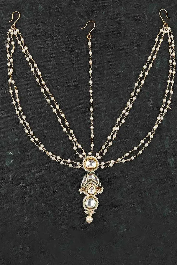 White Crescent Moon Multi Pearl String Kundan Matha Patti