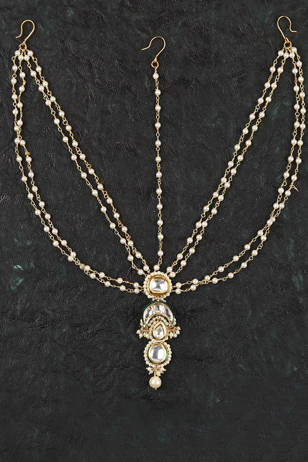 White Crescent Moon Multi Pearl String Kundan Matha Patti