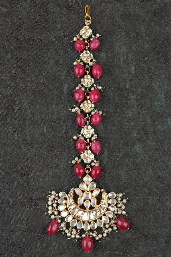 Red Stones with Pearls Crescent Motif Kundan Maang Tikka