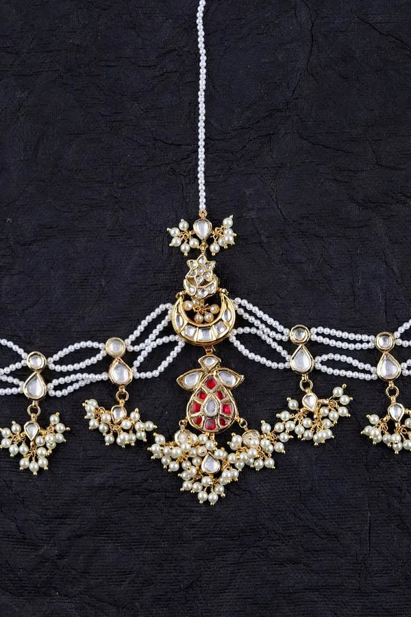 Red Kundan & Pearls Jadai Matha Patti