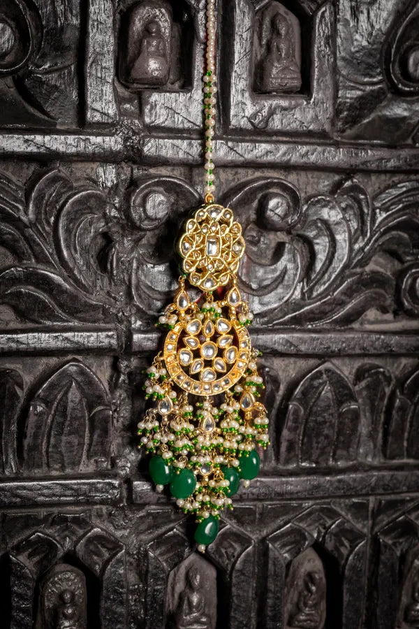 Green Pearl Pirohi Kundan Maang Tikka