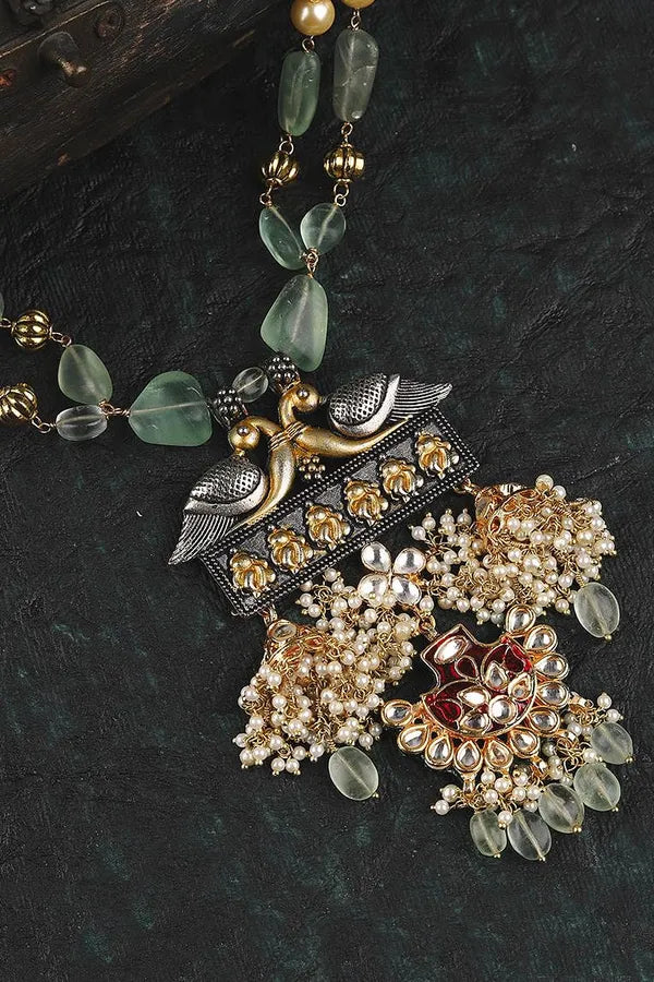 Green & Maroon Meenakari with Peacock Motif Kundan Necklace