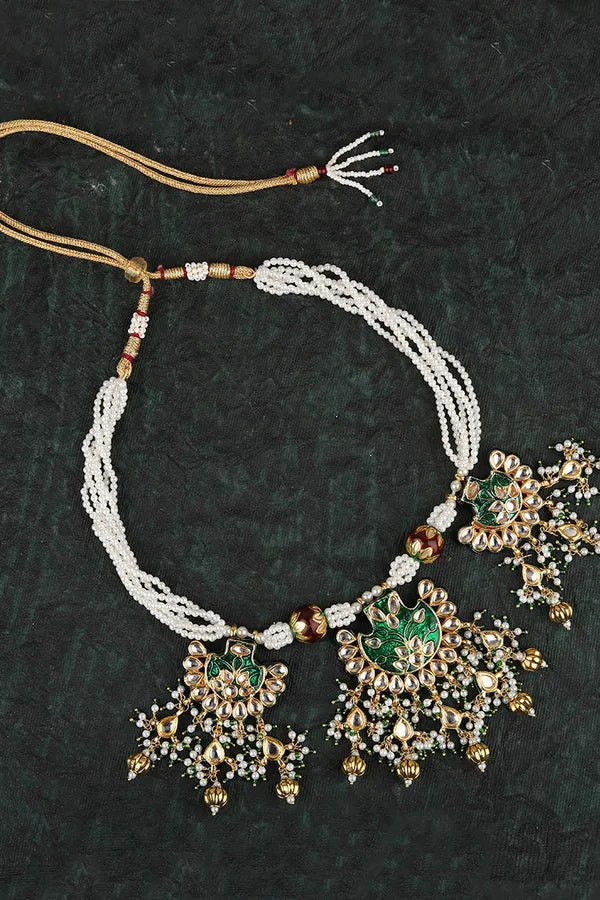 Green Meenakari & Pearls Kundan Necklace