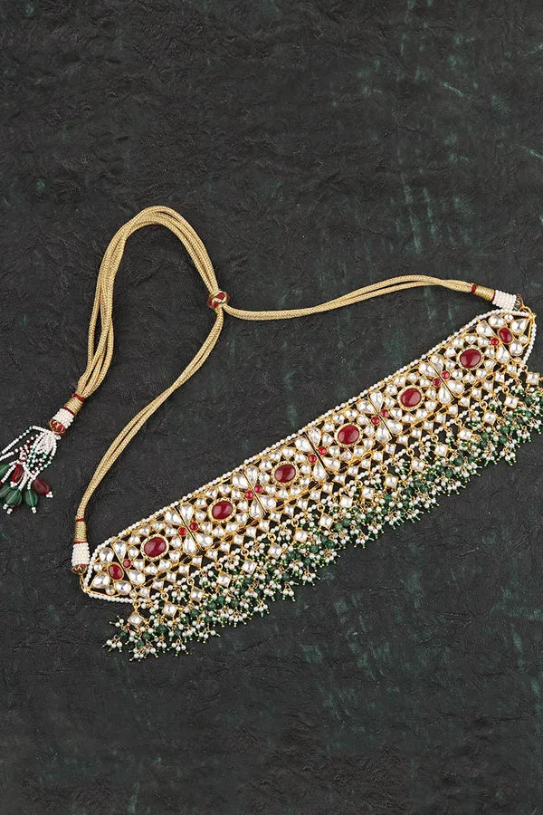Red & Green Pearls Kundan Jadai Choker Necklace