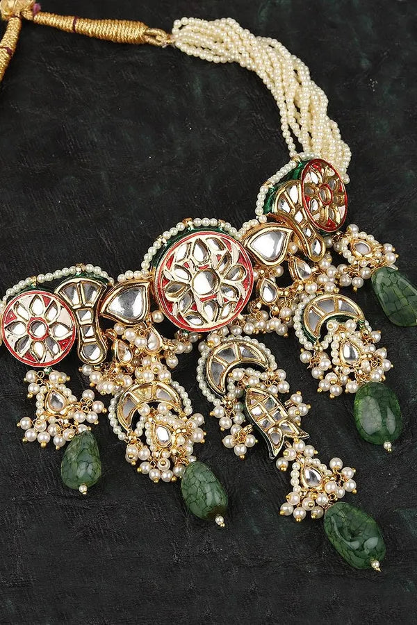 Red Rounds Pearls Green Jade Kundan Choker