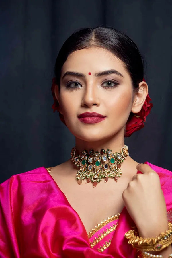 Standing Tall Green White Peach Kundan Choker