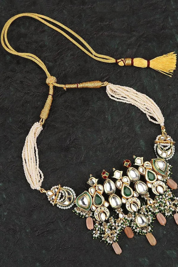 Standing Tall Green White Peach Kundan Choker