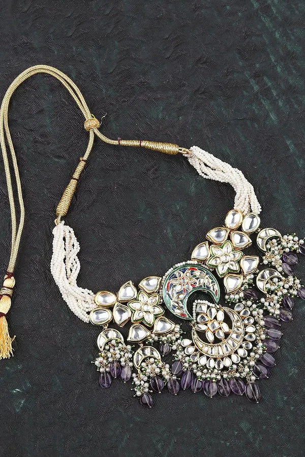 Purple Meenakari with Pearls Floral Motif Kundan Choker Necklace