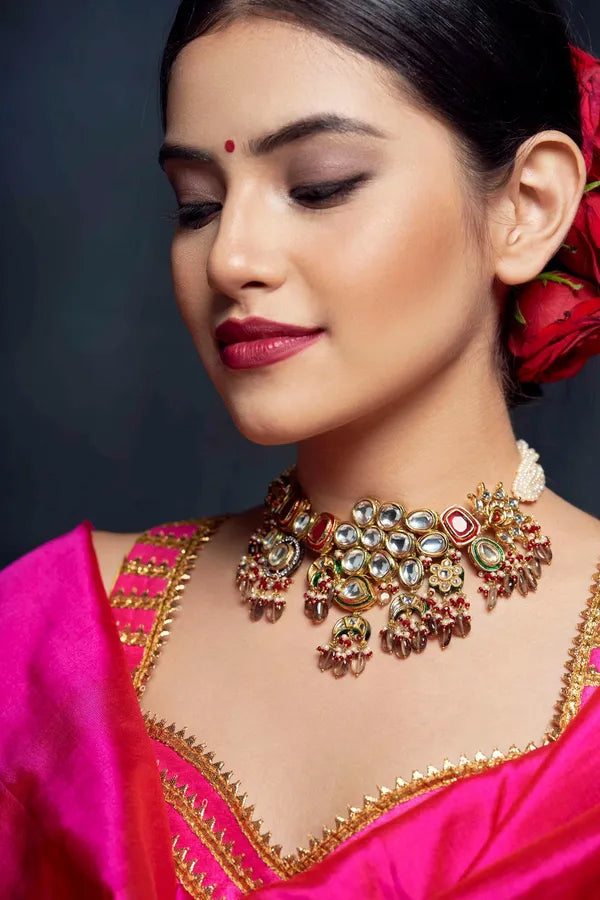 Smoked Drops with Pink Kundan & Pearls Choker Necklace