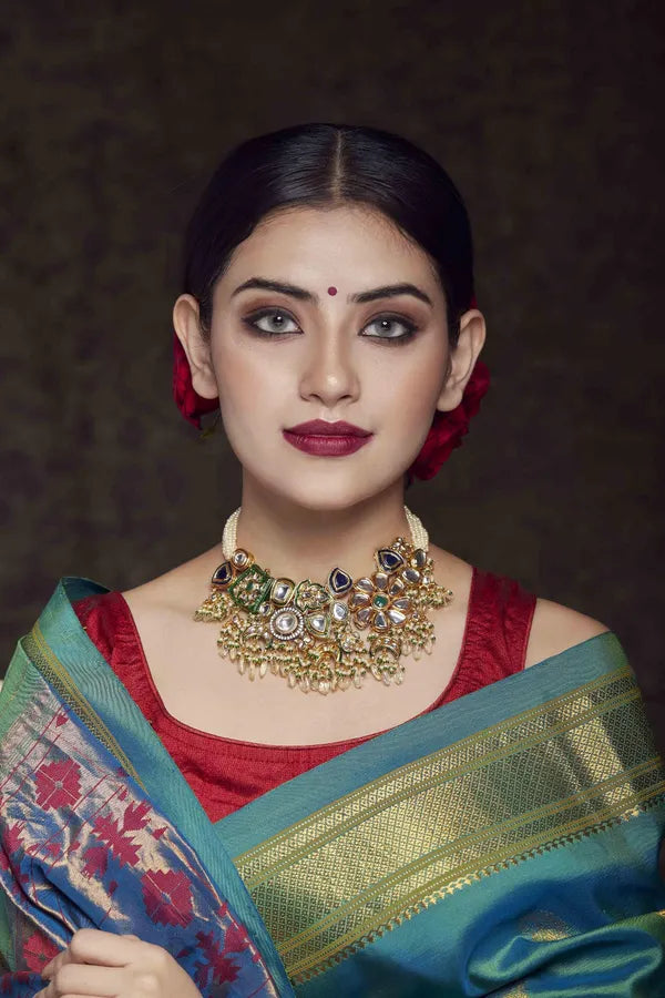 Earthy Blue & Green Kundan with Pearls Choker Necklace
