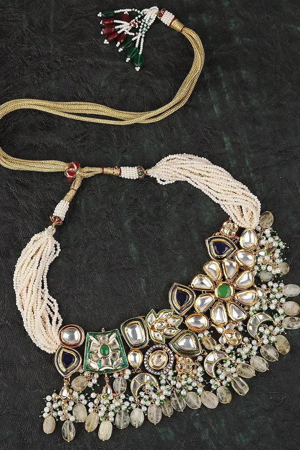 Earthy Blue & Green Kundan with Pearls Choker Necklace