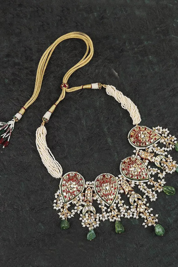Guldasta Red with Green Drops Kundan Choker Necklace