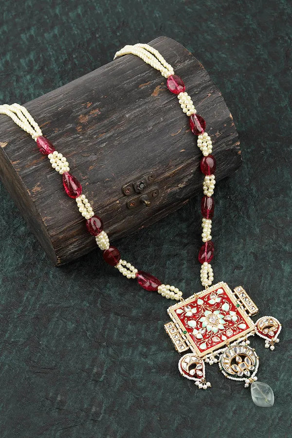 Red & Mint Green Meenakari with Pearls Kundan Necklace