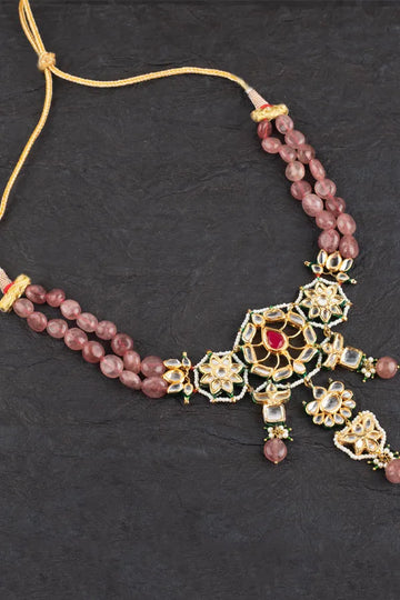 Red Kundan Long Necklace with Pink Pearls