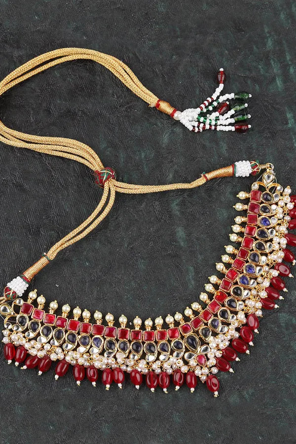 Dark Bllue & Red Gold Finish Kundan Choker Necklace