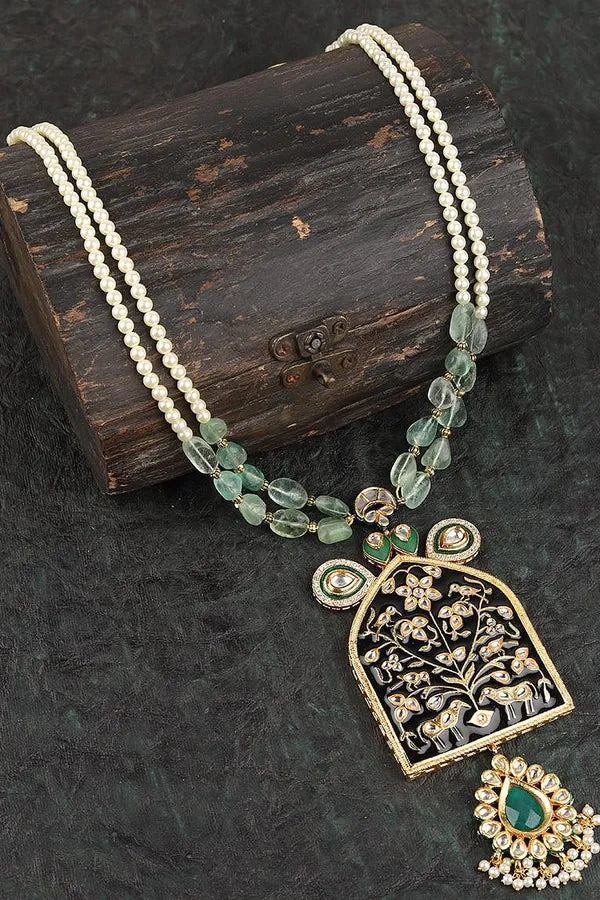 Green Barium with Black Meenakari and Pearls Kundan Necklace