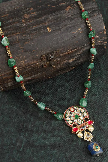Pink & Green Meeakari & Pearls Kundan Necklace