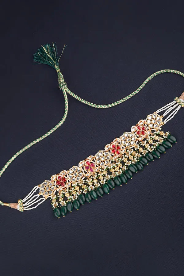 Green & Red Flower Pearls Kundan Choker Necklace