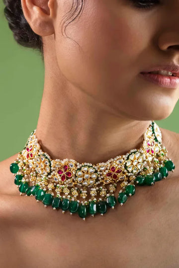 Green & Red Flower Pearls Kundan Choker Necklace