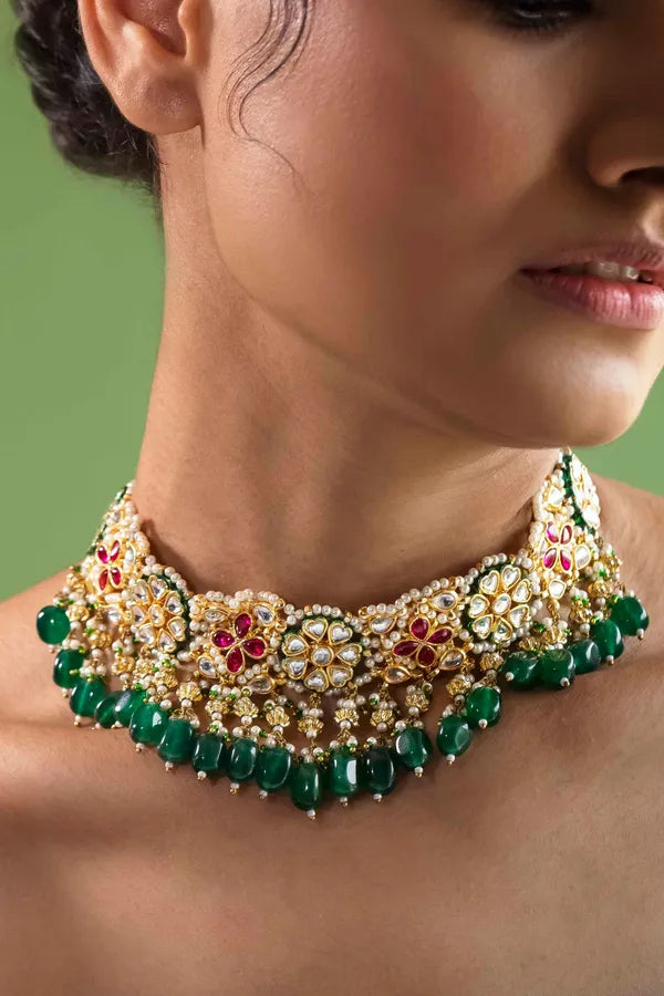 Green & Red Flower Pearls Kundan Choker Necklace